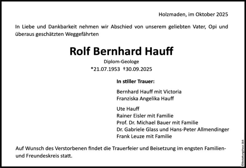 Trauer Rolf Bernhard Hauff Trauer Rolf Bernhard Hauff