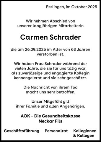 Nachruf Carmen Schrader Nachruf Carmen Schrader