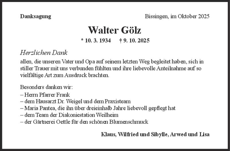 Danksagung Walter Gölz Danksagung Walter Gölz