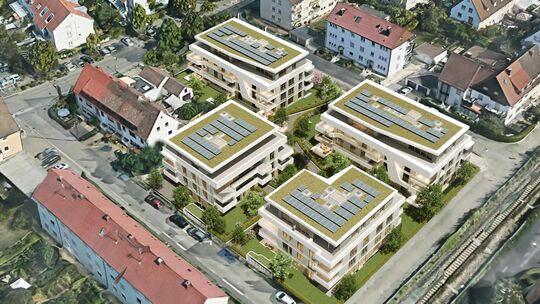 Die vier Häuser in der Wendlinger Stadtmitte sollen bis 2029 fertiggestellt werden. Foto: Neckar-Fils eG Die vier Häuser in der Wendlinger Stadtmitte sollen bis 2029 fertiggestellt werden. Foto: Neckar-Fils eG